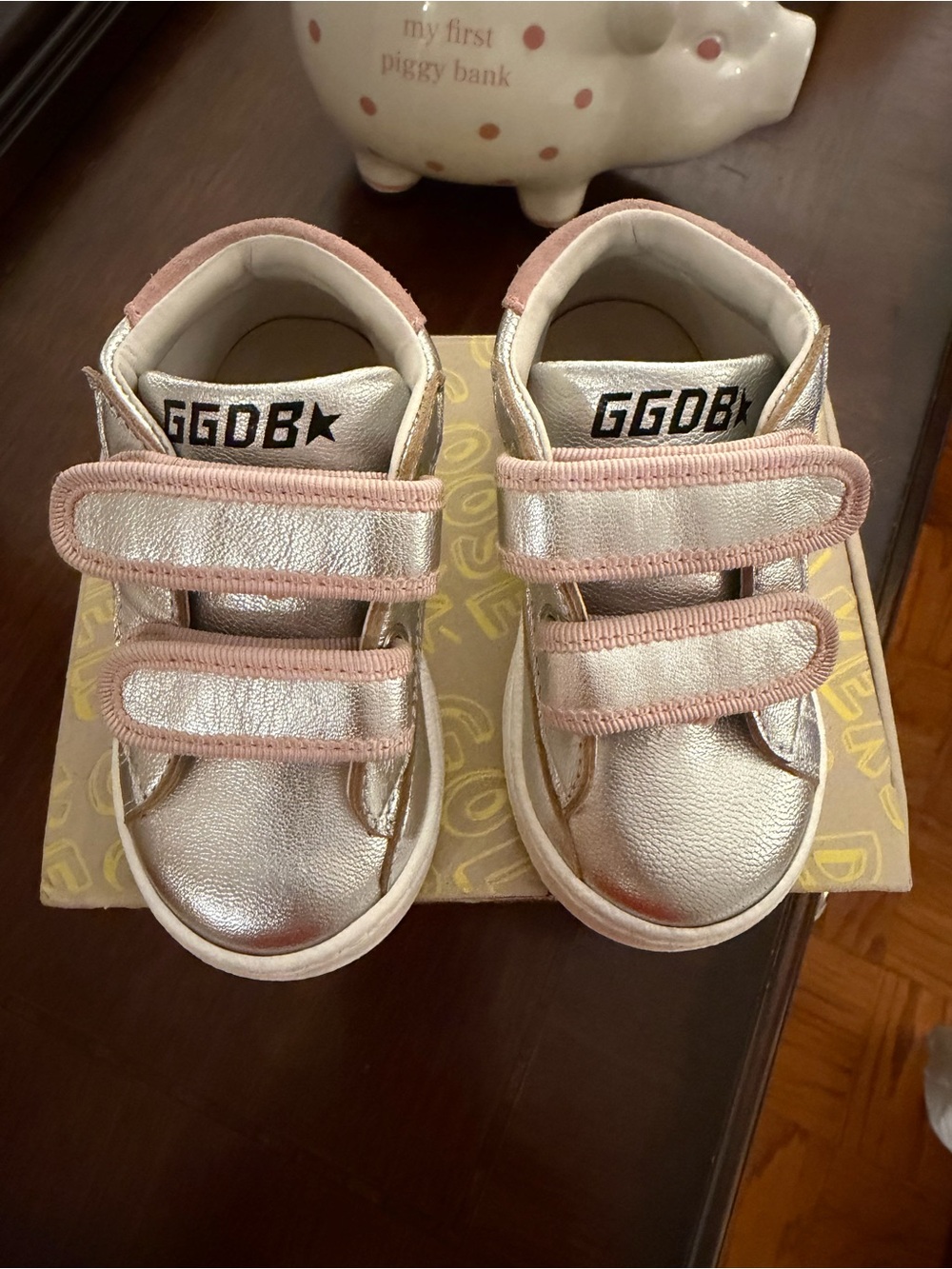 Like New - Golden Goose Kids Metallic Silver Sneakers with Pink Accents Size 22 - Picture 2 of 10